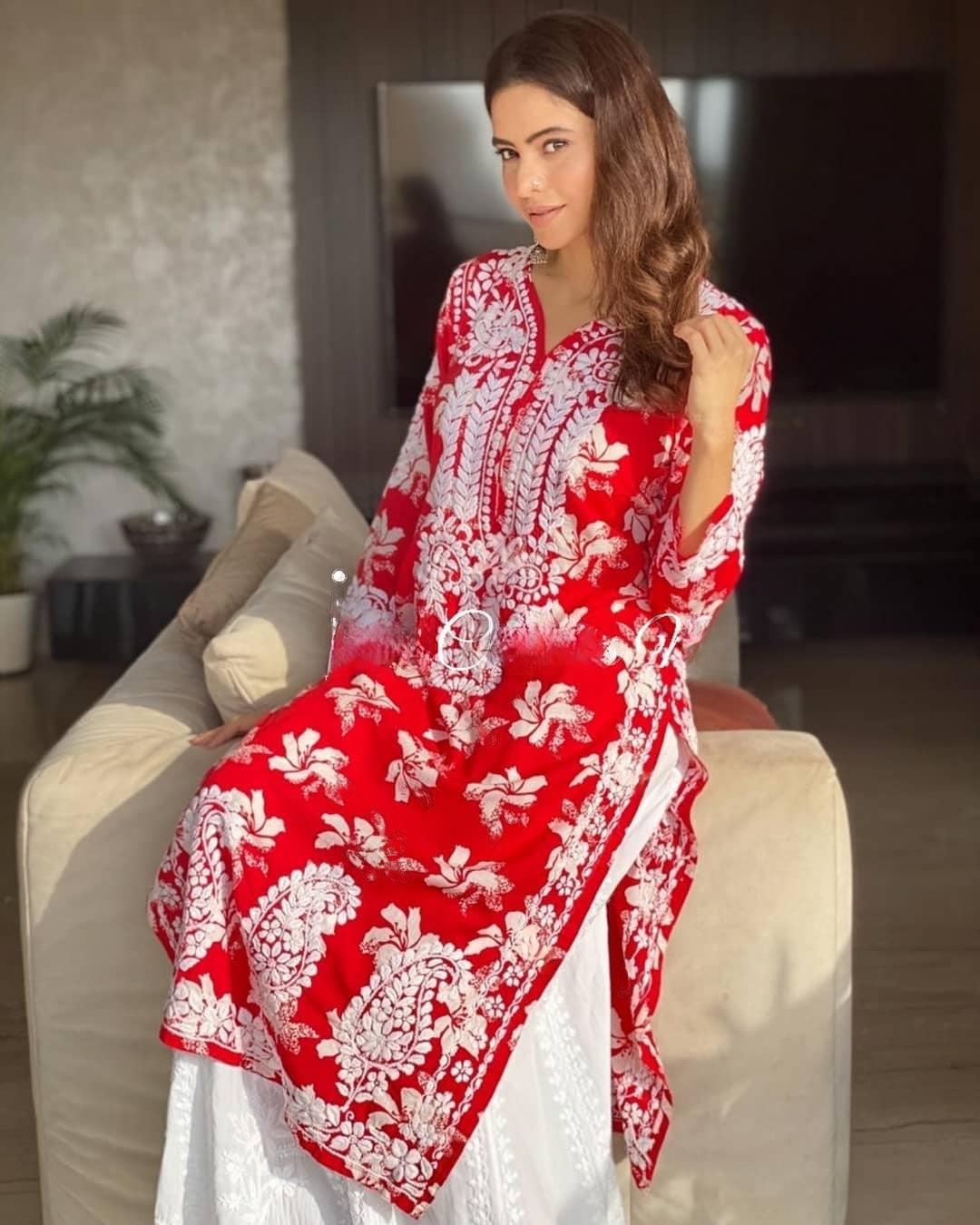 Red Printed Rayon Cotton Chikankari Kurta With Palazzo