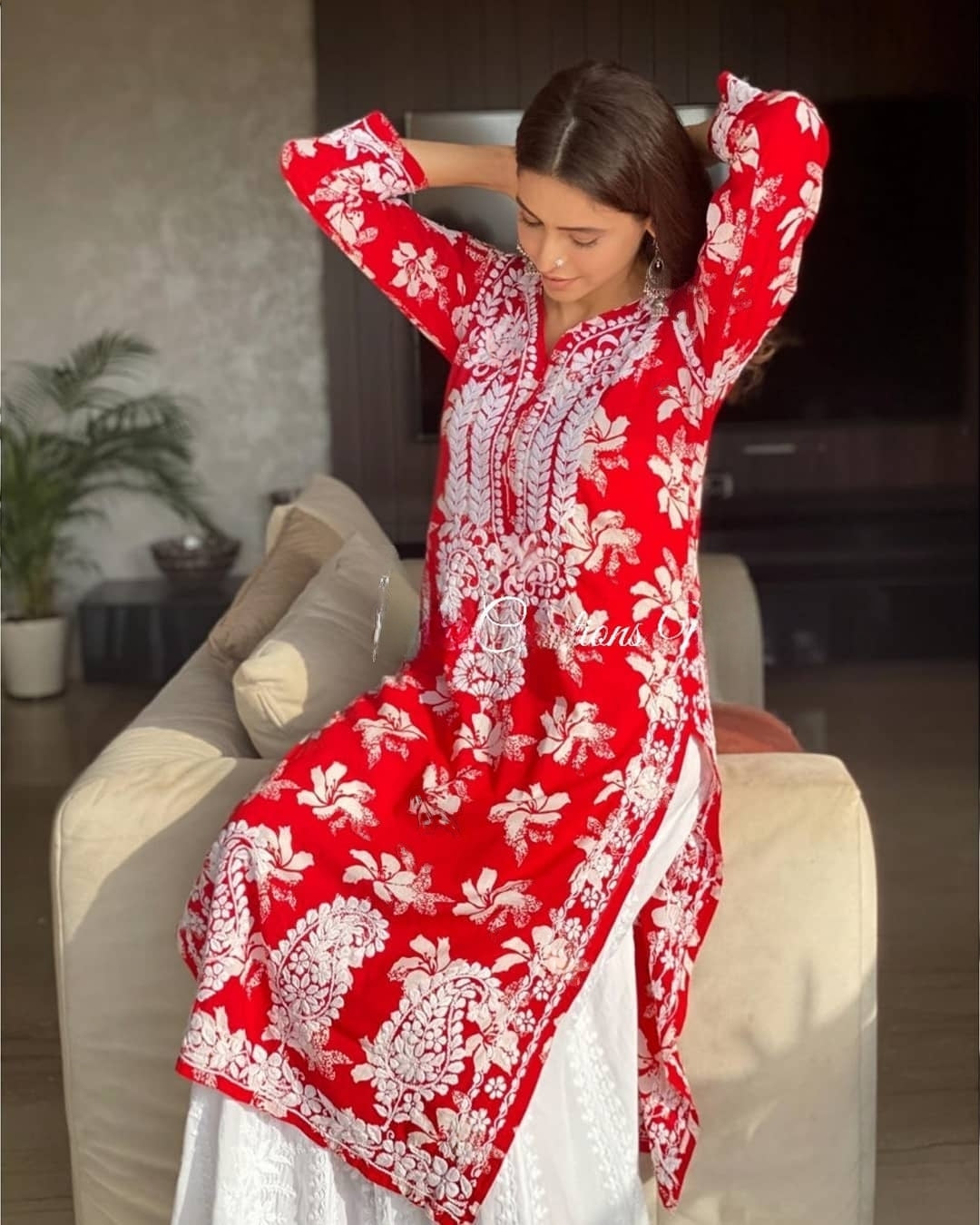 Red Printed Rayon Cotton Chikankari Kurta With Palazzo