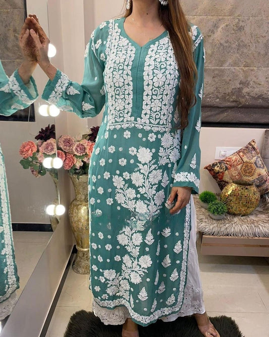 Rama Green Viscose Georgette Chikankari Kurta With Palazzo