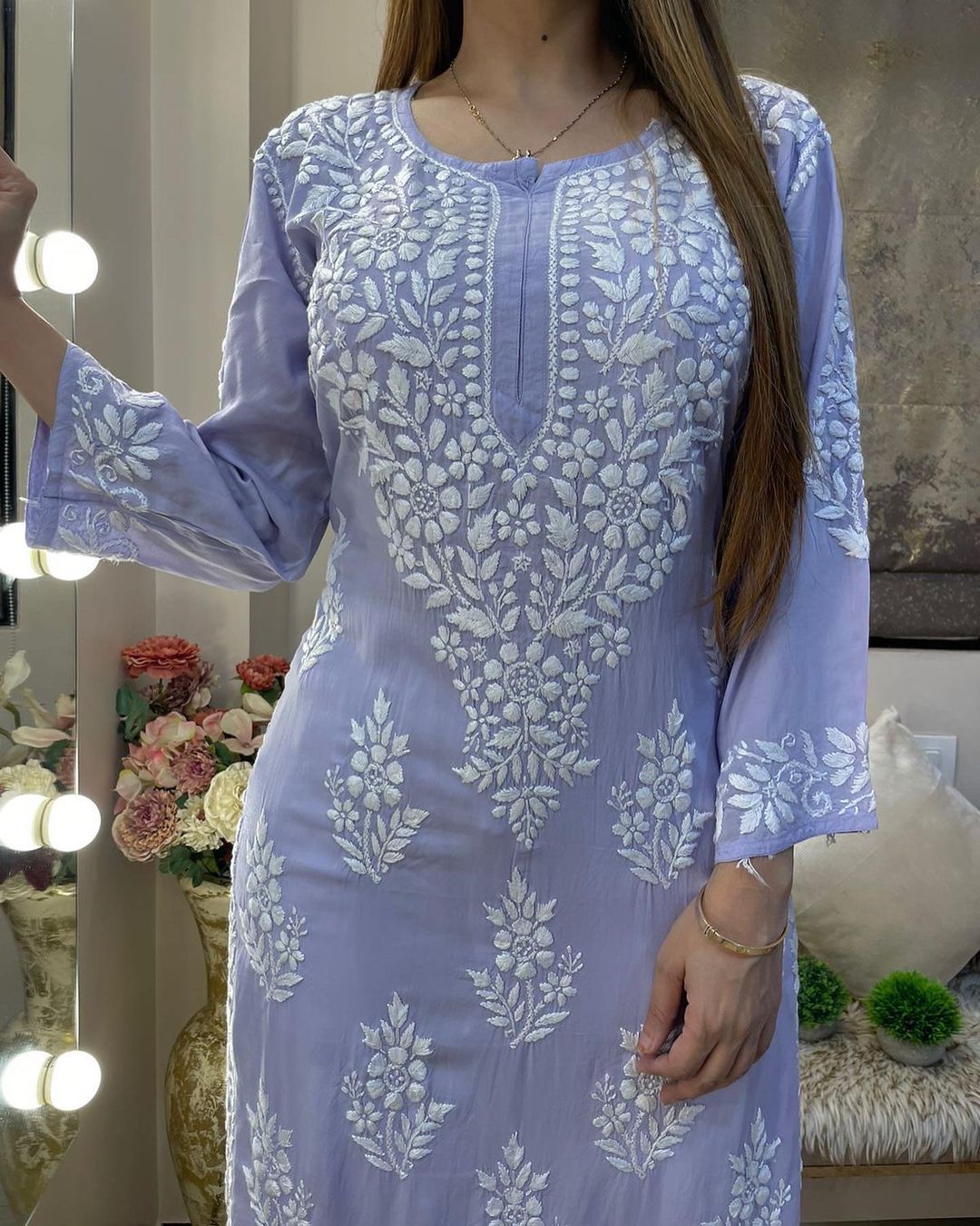 Lavender Rayon Cotton Chikankari Kurta With Pant