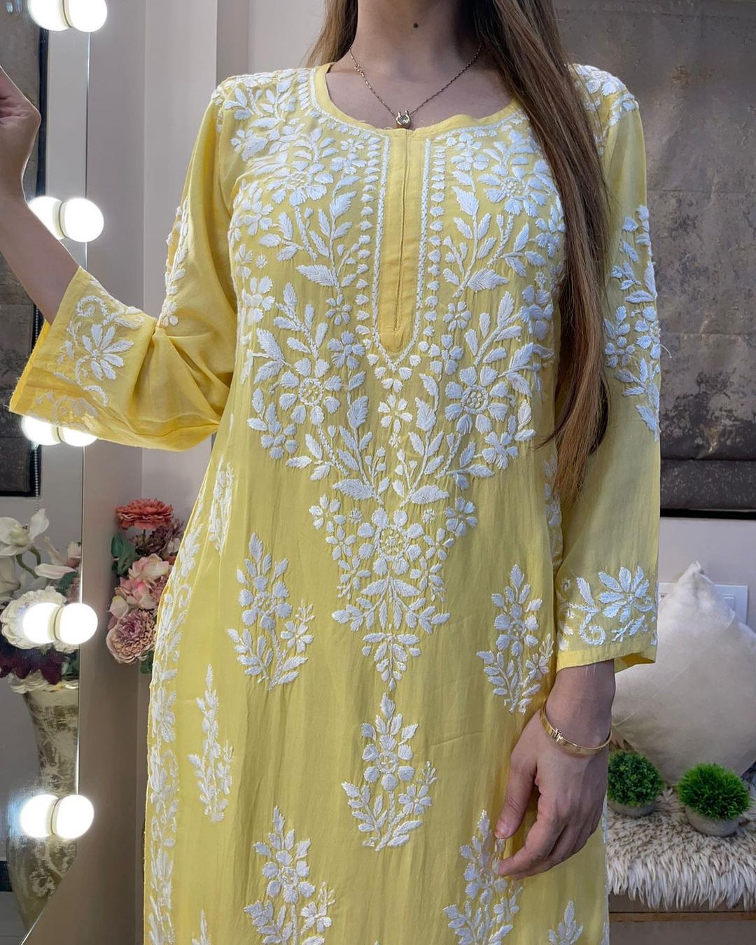 Yellow Rayon Cotton Chikankari Kurta With Pant