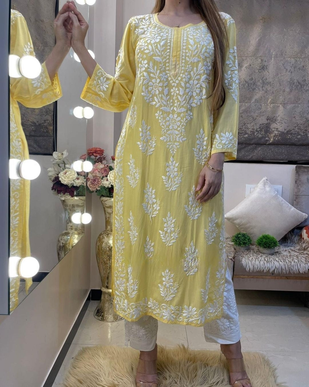 Yellow Rayon Cotton Chikankari Kurta With Pant