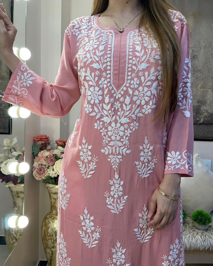 Peach Rayon Cotton Chikankari Kurta With Pant