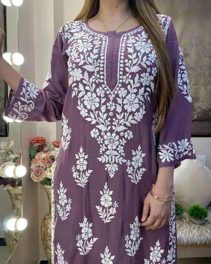 Purple Rayon Cotton Chikankari Kurta With Pant