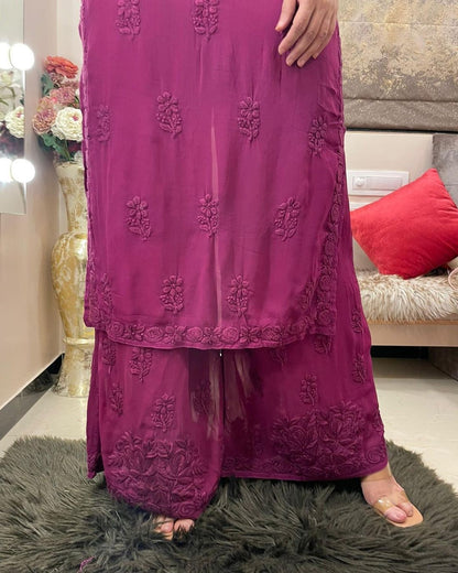 Magenta Pink Viscose Georgette Chikankari Kurta With Palazzo