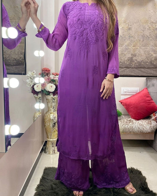 Purple Viscose Georgette Chikankari Kurta With Palazzo Set