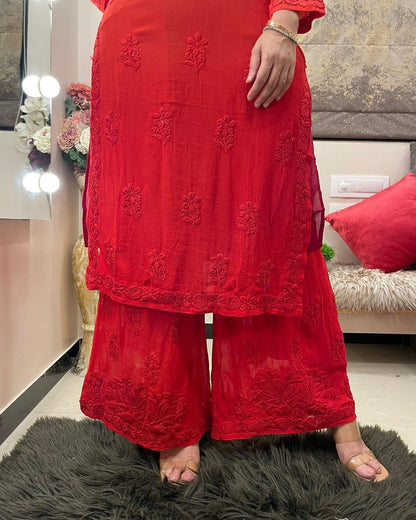 Red Viscose Georgette Chikankari Kurta With Palazzo Set