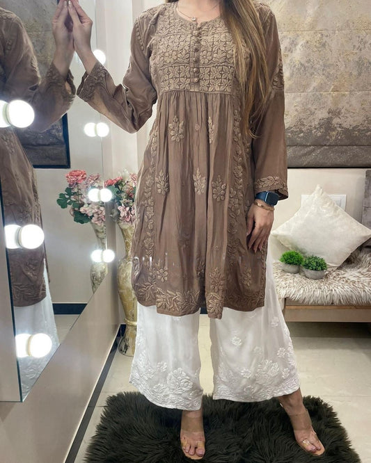 Brown Rayon Cotton Chikankari Kurta With Palazzo