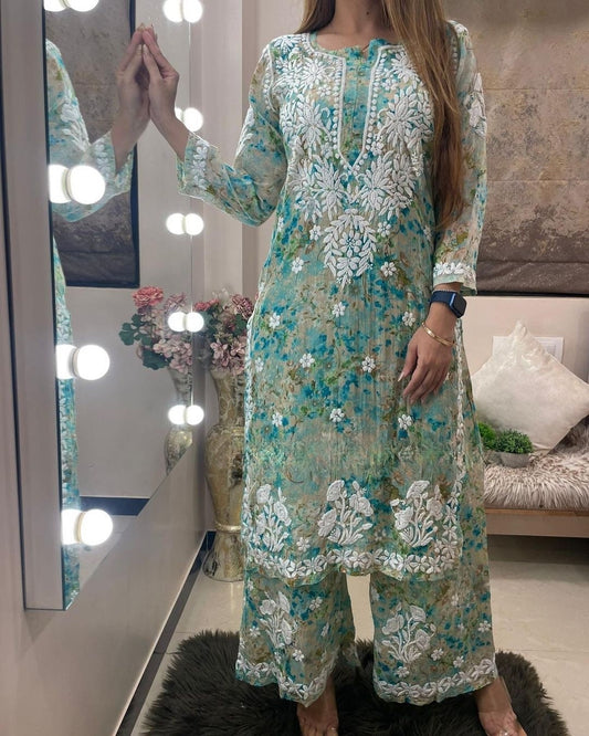 Green Printed Georgette Chikankari Kurta With Palazzo