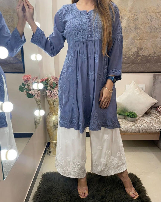 Blue Rayon Cotton Chikankari Kurta With Palazzo