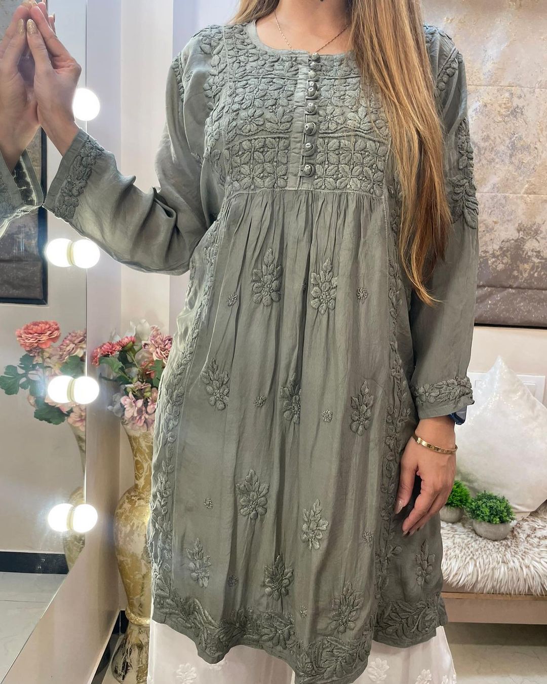 Gray Rayon Cotton Chikankari Kurta With Palazzo