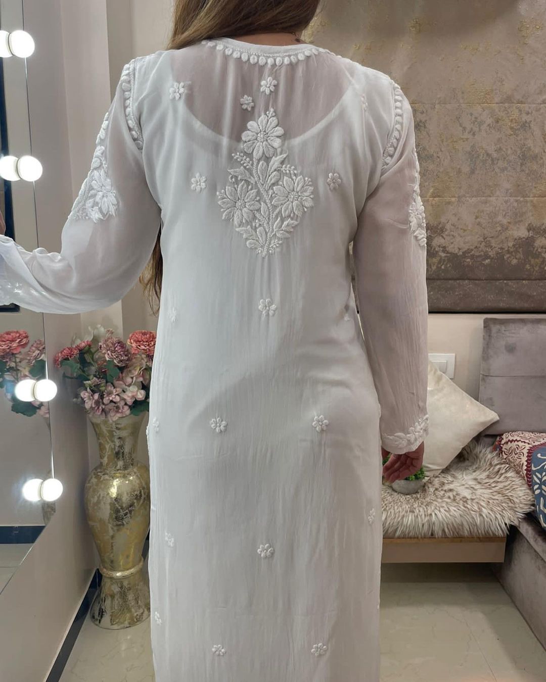 White Viscose Georgette Chikankari Kurti With Pant