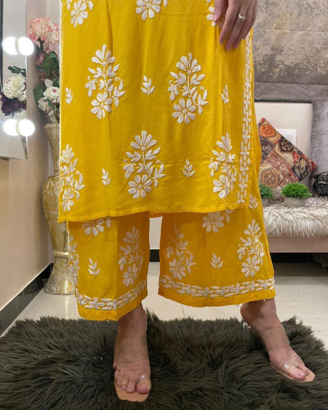 Yellow Rayon Cotton Chikankari Kurta With Palazzo