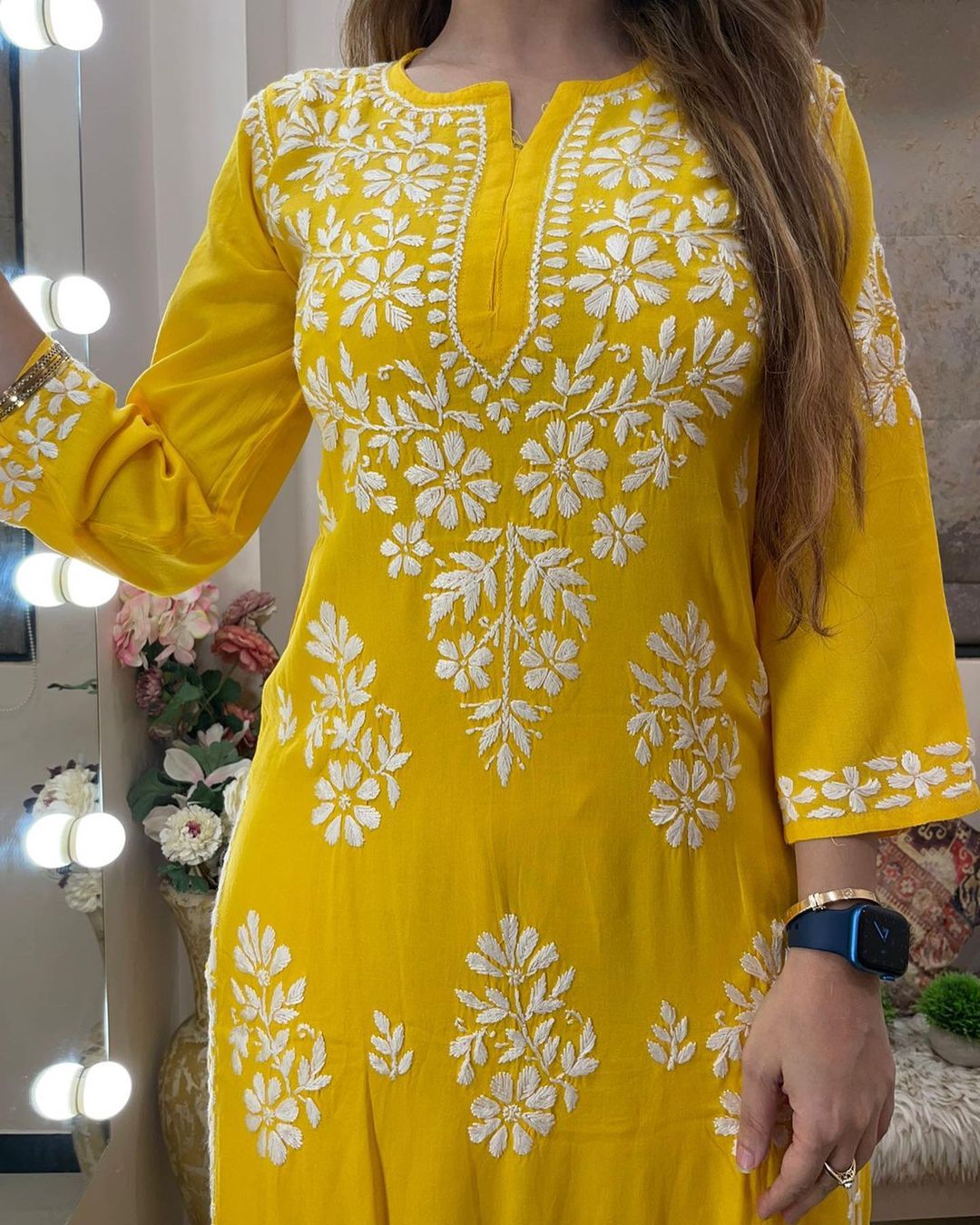 Yellow Rayon Cotton Chikankari Kurta With Palazzo