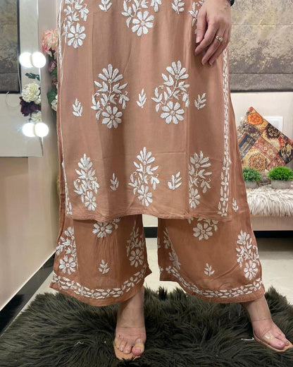 Brown Rayon Cotton Chikankari Kurta With Palazzo