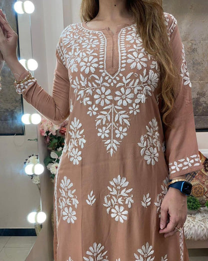 Brown Rayon Cotton Chikankari Kurta With Palazzo