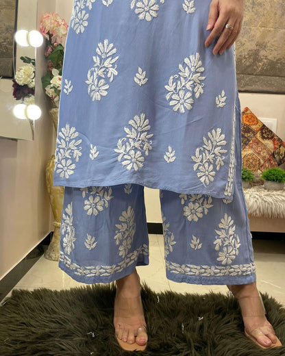 Powder Blue Rayon Cotton Chikankari Kurta With Palazzo