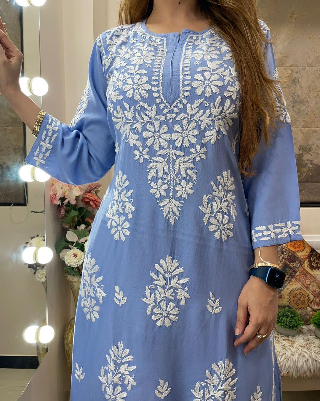 Powder Blue Rayon Cotton Chikankari Kurta With Palazzo