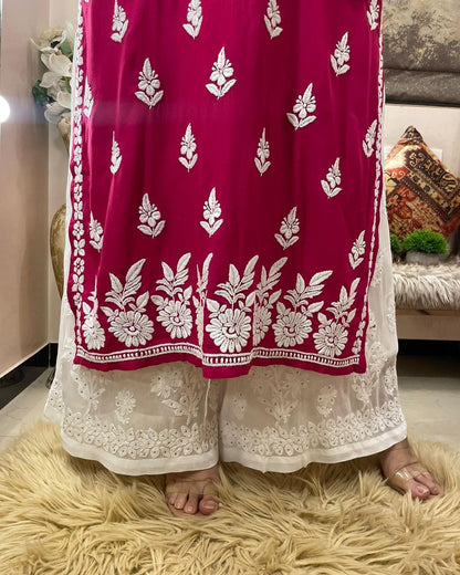 Pink Rayon Cotton Chikankari Kurta Wuth Palazzo Set