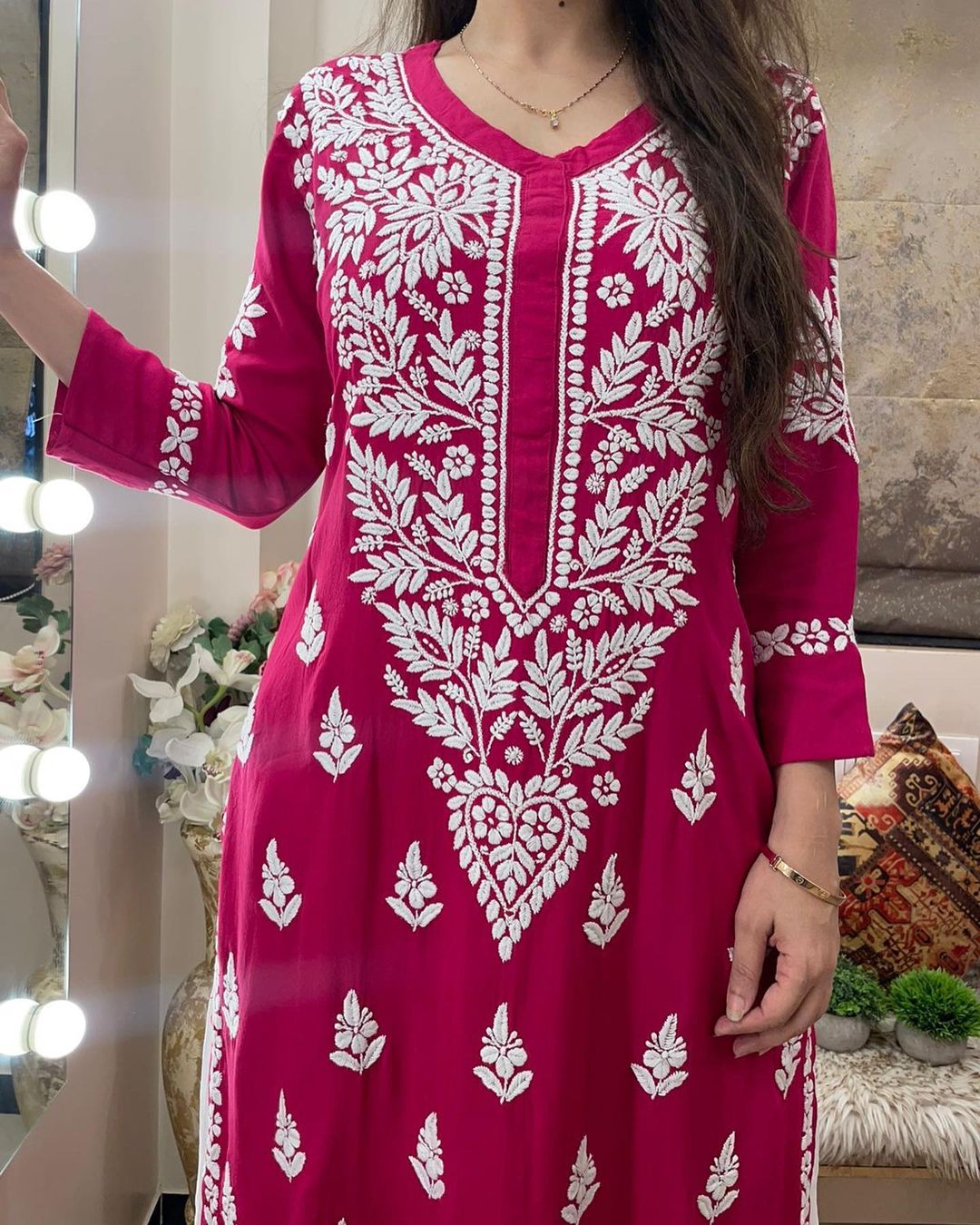 Pink Rayon Cotton Chikankari Kurta Wuth Palazzo Set