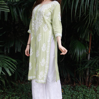 Lemon Green Rayon Cotton Chikankari Embroidery Work Kurti With Plazo