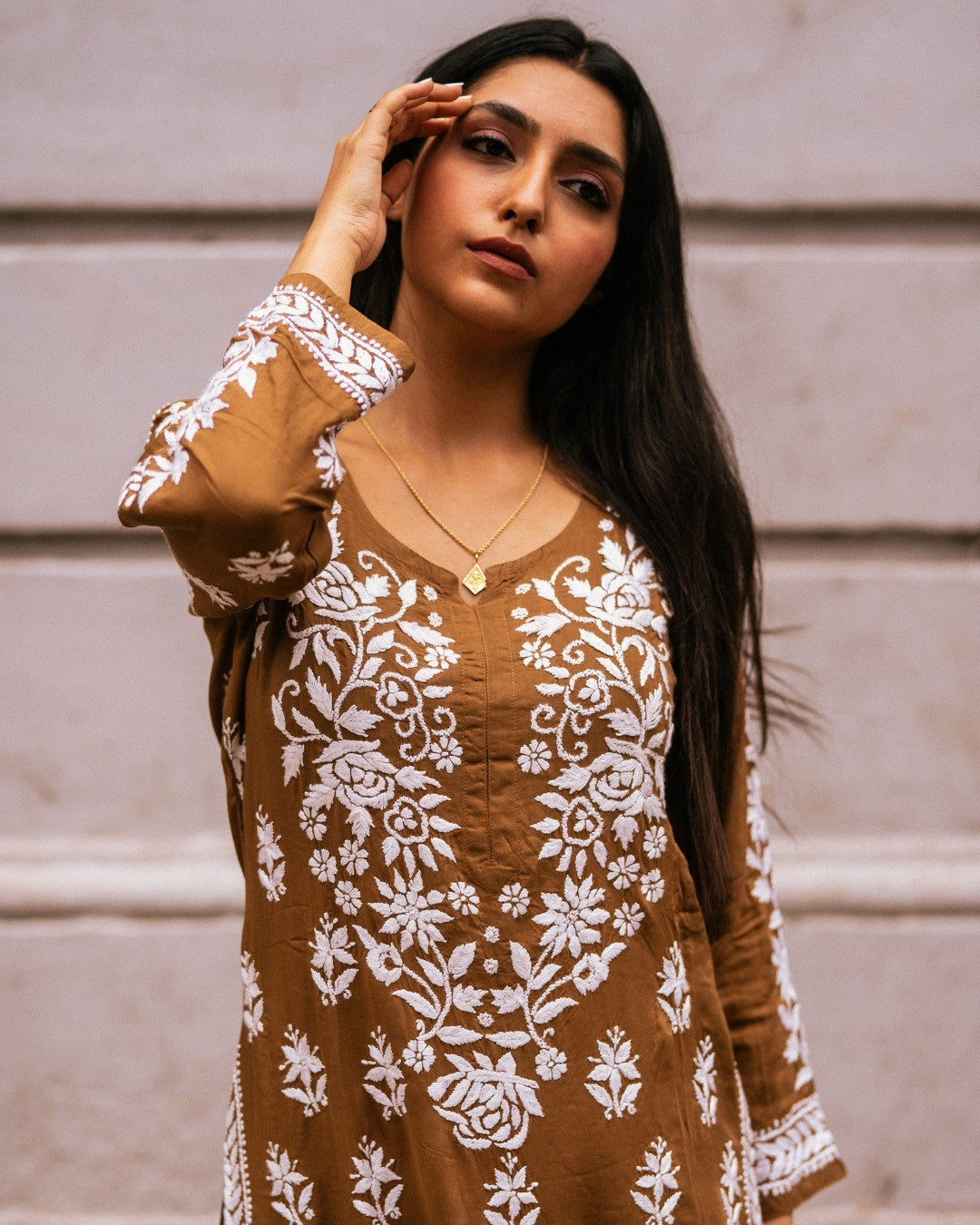 Coffee Rayon Cotton Chikankari Kurta With Palazzo