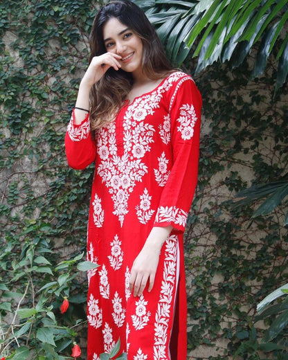 Red Rayon Cotton Chikankari Embroidery Work Kurta With Palazzo