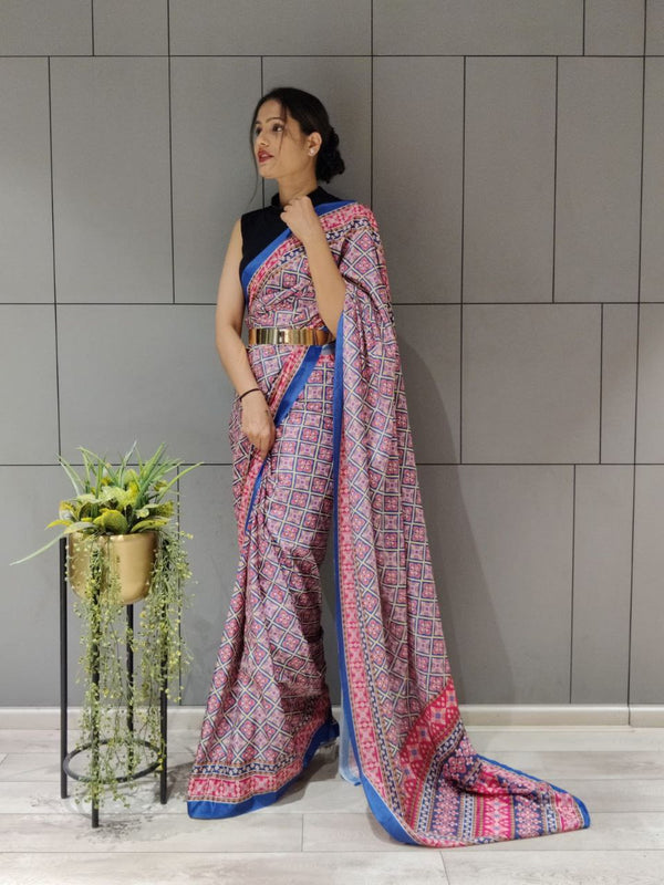 1-MIN READY TO WEAR SAREE IN AJRAKH PATOLA DESIGN WITH BLOUSE