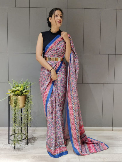 1-MIN READY TO WEAR SAREE IN AJRAKH PATOLA DESIGN WITH BLOUSE