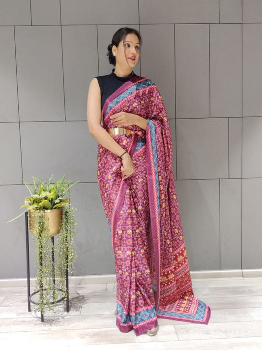 1-MIN READY TO WEAR SAREE IN AJRAKH PATOLA DESIGN WITH BLOUSE