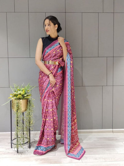 1-MIN READY TO WEAR SAREE IN AJRAKH PATOLA DESIGN WITH BLOUSE