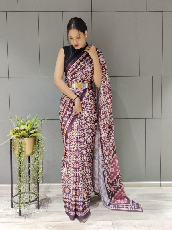 1-MIN READY TO WEAR SAREE IN AJRAKH PATOLA DESIGN WITH BLOUSE