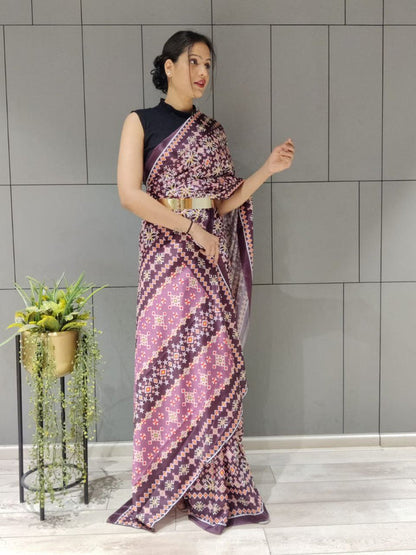 1-MIN READY TO WEAR SAREE IN AJRAKH PATOLA DESIGN WITH BLOUSE