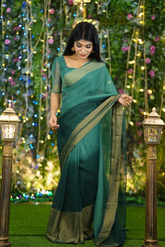 1-MIN READY TO WEAR GREEN PEDING  SAREE IN PREMIUM CHIFFON SILK WITH ZARI PATTA