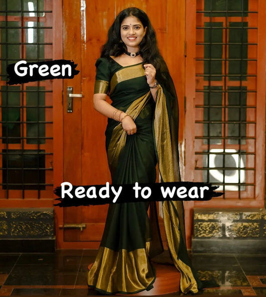 1-MIN READY TO WEAR GREEN SAREE IN PREMIUM CHIFFON SILK WITH ZARI PATTA