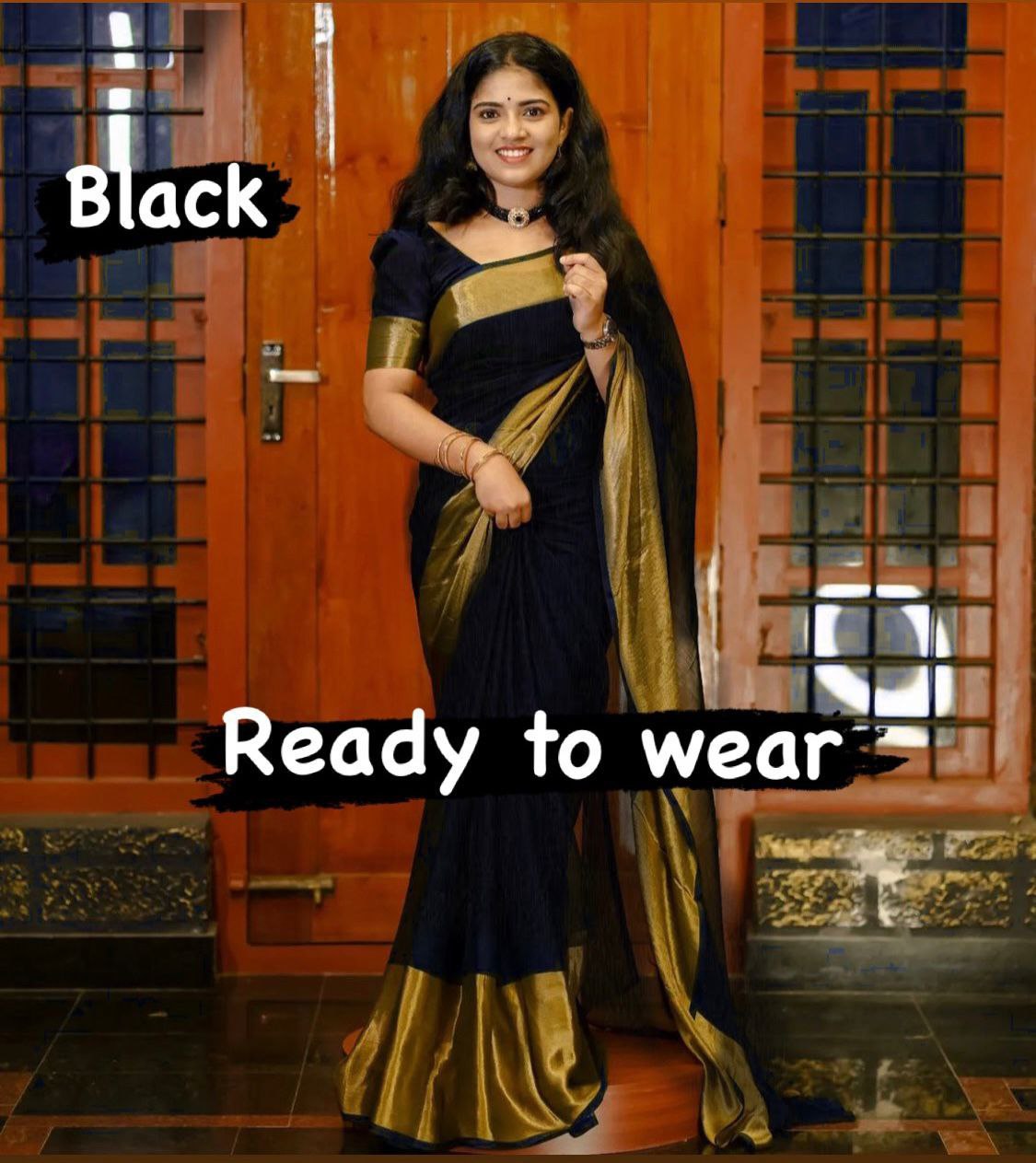 1-MIN READY TO WEAR SAREE BLACK IN PREMIUM CHIFFON SILK WITH ZARI PATTA