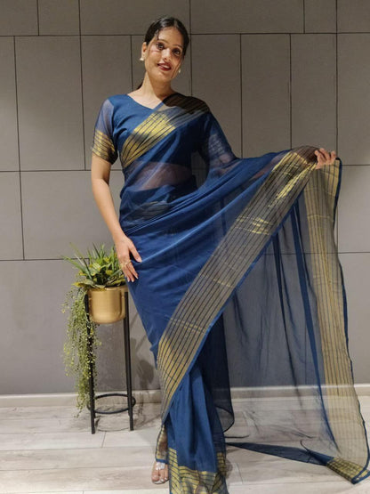 1-MIN NEW  READY TO WEAR SAREE IN PREMIUM CHIFFON SILK WITH ZARI PATTA