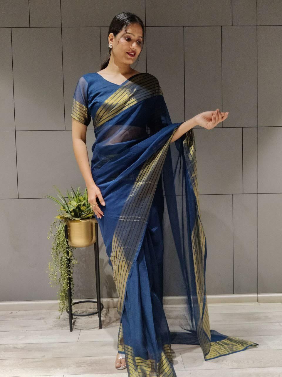 1-MIN NEW  READY TO WEAR SAREE IN PREMIUM CHIFFON SILK WITH ZARI PATTA