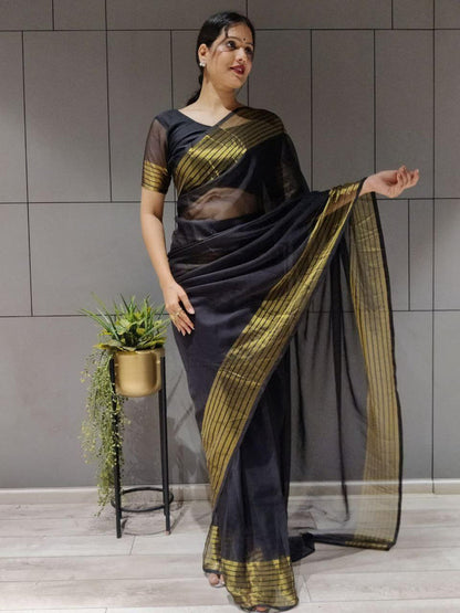 1-MIN NEW  READY TO WEAR SAREE IN PREMIUM CHIFFON SILK WITH ZARI PATTA