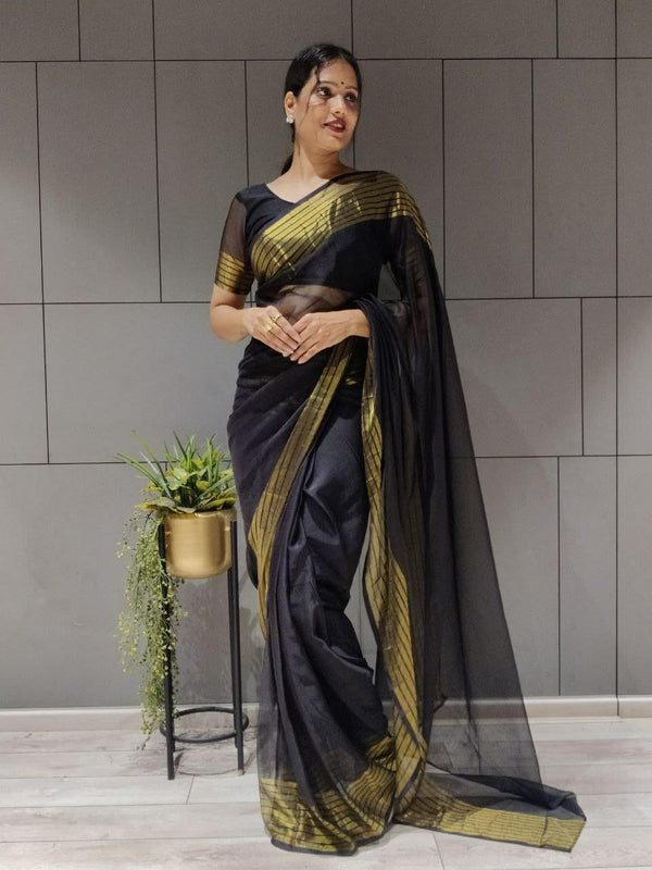 1-MIN NEW  READY TO WEAR SAREE IN PREMIUM CHIFFON SILK WITH ZARI PATTA