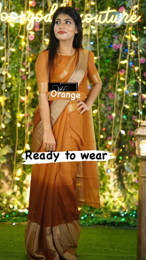 1-MIN READY TO WEAR ORANGE SAREE IN PREMIUM CHIFFON SILK WITH ZARI PATTA