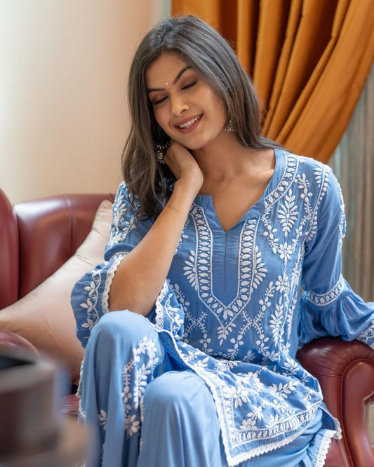 Rayon Cotton Chikankari Kurta With Palazzo