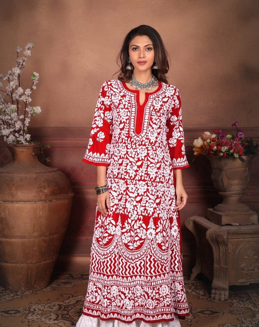 Red Rayon Cotton Chikankari Kurta With Palazzo