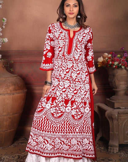 Red Rayon Cotton Chikankari Kurta With Palazzo