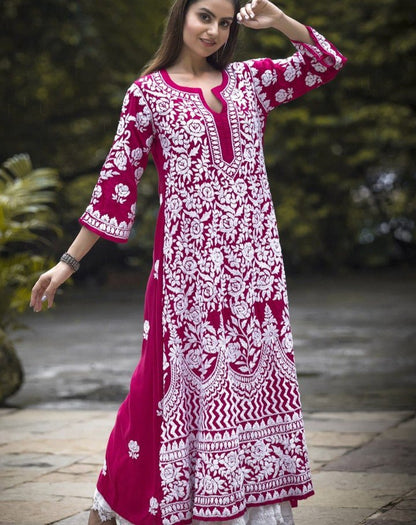 Pink Rayon Cotton Chikankari Kurta With Palazzo