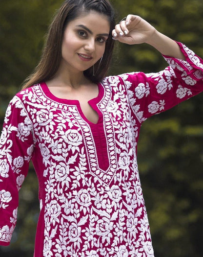 Pink Rayon Cotton Chikankari Kurta With Palazzo