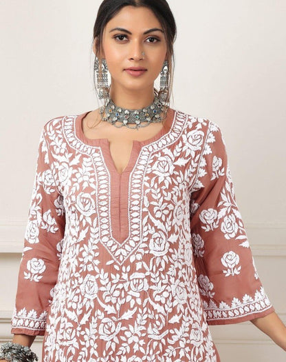 Peach Rayon Cotton Chikankari Kurta With Palazzo