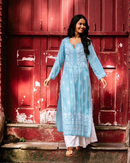 Sky Blue Rayon Cotton Chikankari Kurta With Palazzo