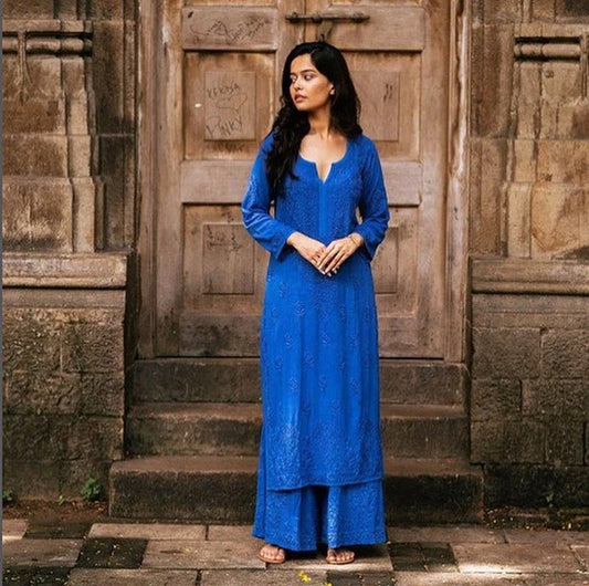 Blue Rayon Cotton Chikankari Kurta With Palazzo