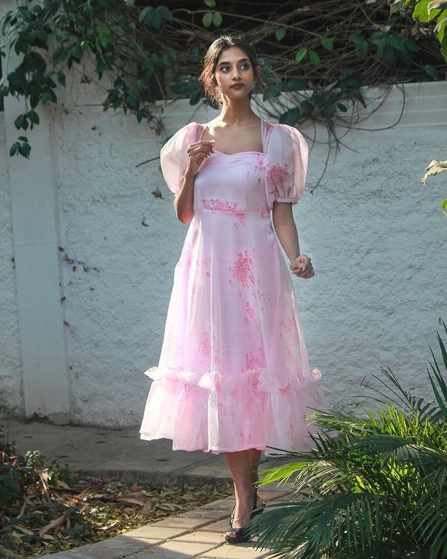 Pink Organza Silk Ballon Sleeves Dress